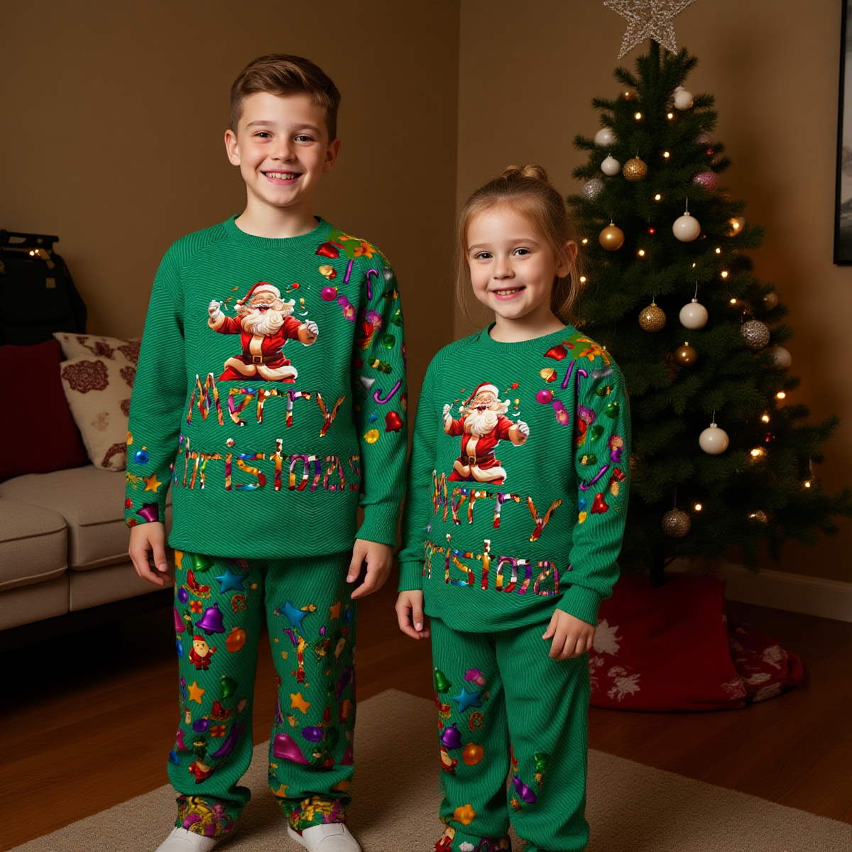 Kid's Knitted Fleece Christmas Set- pullover & pajamas. Unique Design in Christmas Green. WickedYo.